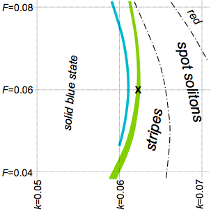 figure: parameter space with Turing and exotic regions